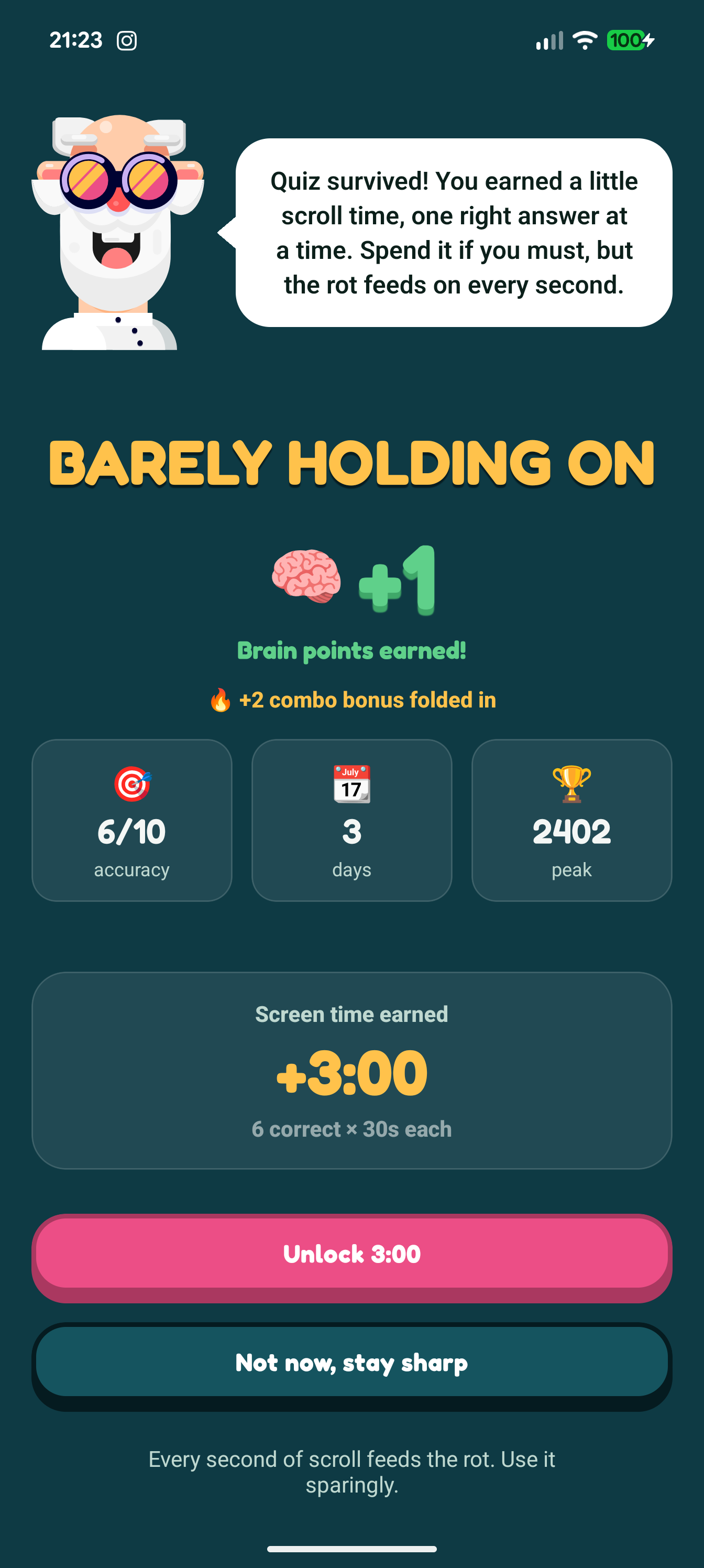 Results screen showing brain points earned and screen time unlocked